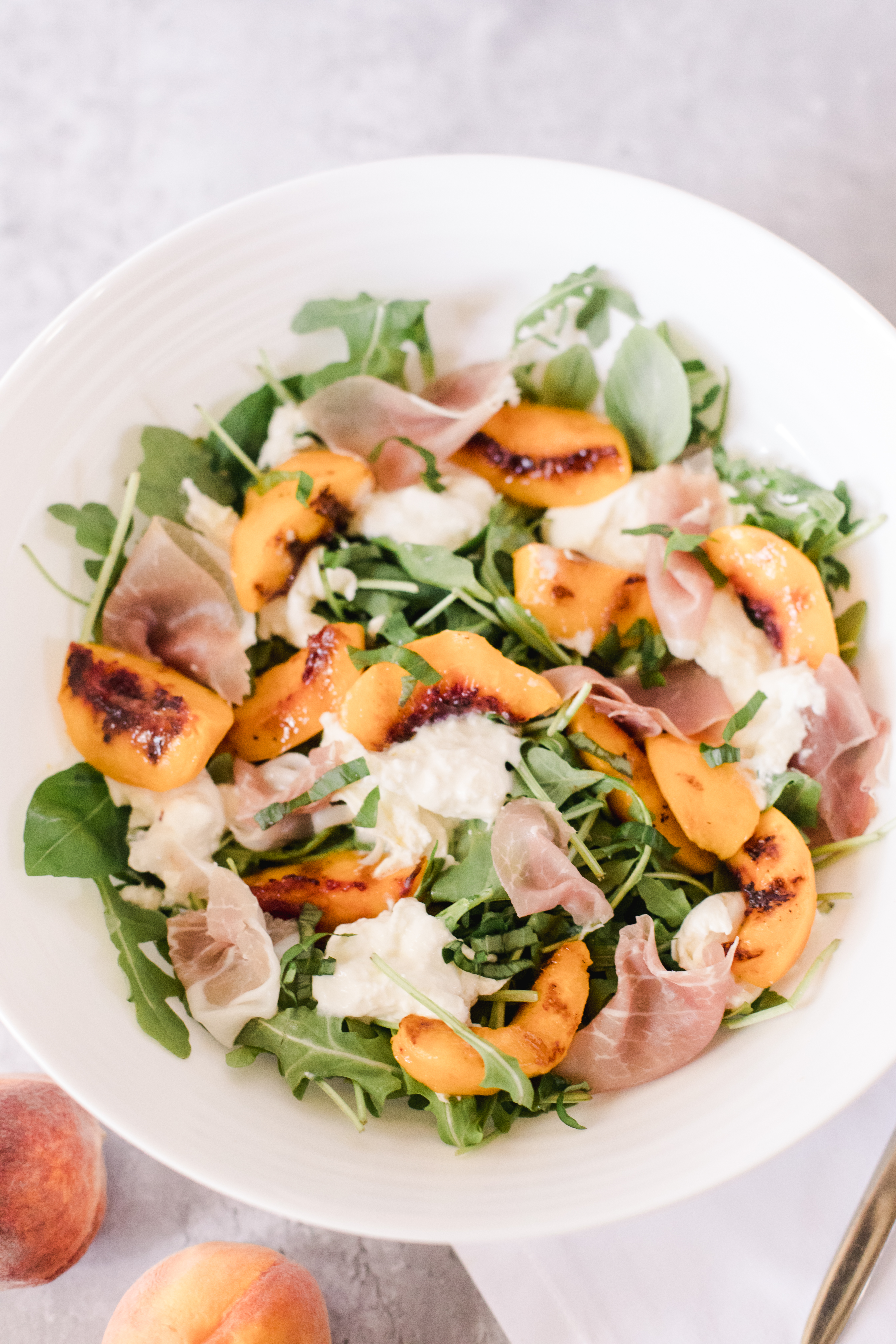 Grilled Peach, Burrata and Prosciutto Salad